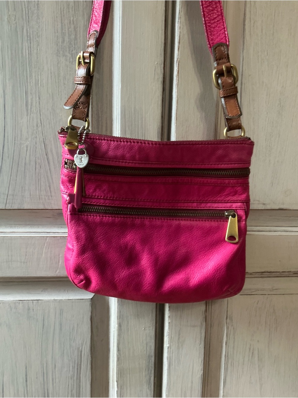 Fossil Fuchsia Leather Crossbody Bag with Brown Trim